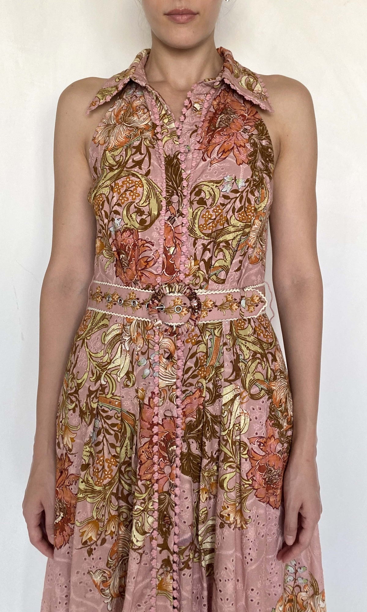 Hemant And Nandita | Sula Cotton Schiffli Long Shirt Dress With Buckle Belt | Dusty Pink