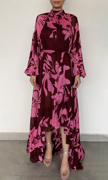 Womens | Tehr Viscose Flat Chiffon High Low Long Dress With Braided Belt And Slip | Black Magenta