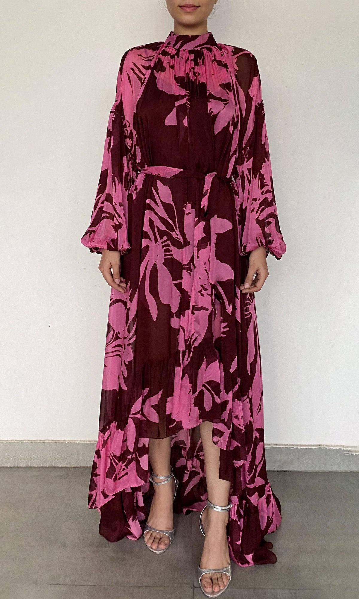 Womens | Tehr Viscose Flat Chiffon High Low Long Dress With Braided Belt And Slip | Black Magenta