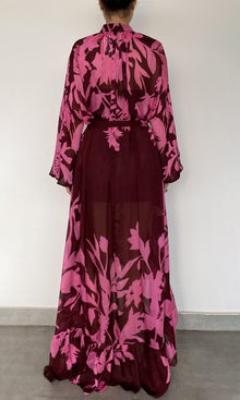 Womens | Tehr Viscose Flat Chiffon High Low Long Dress With Braided Belt And Slip | Black Magenta