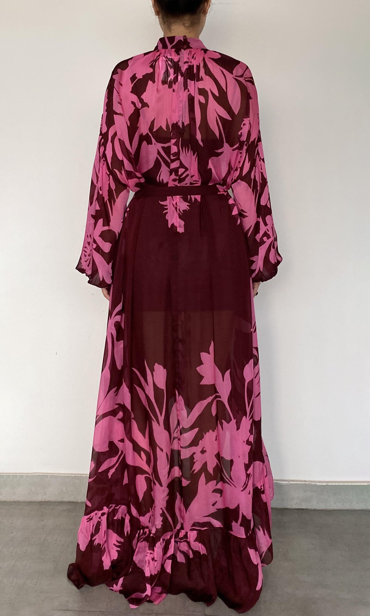 Womens | Tehr Viscose Flat Chiffon High Low Long Dress With Braided Belt And Slip | Black Magenta