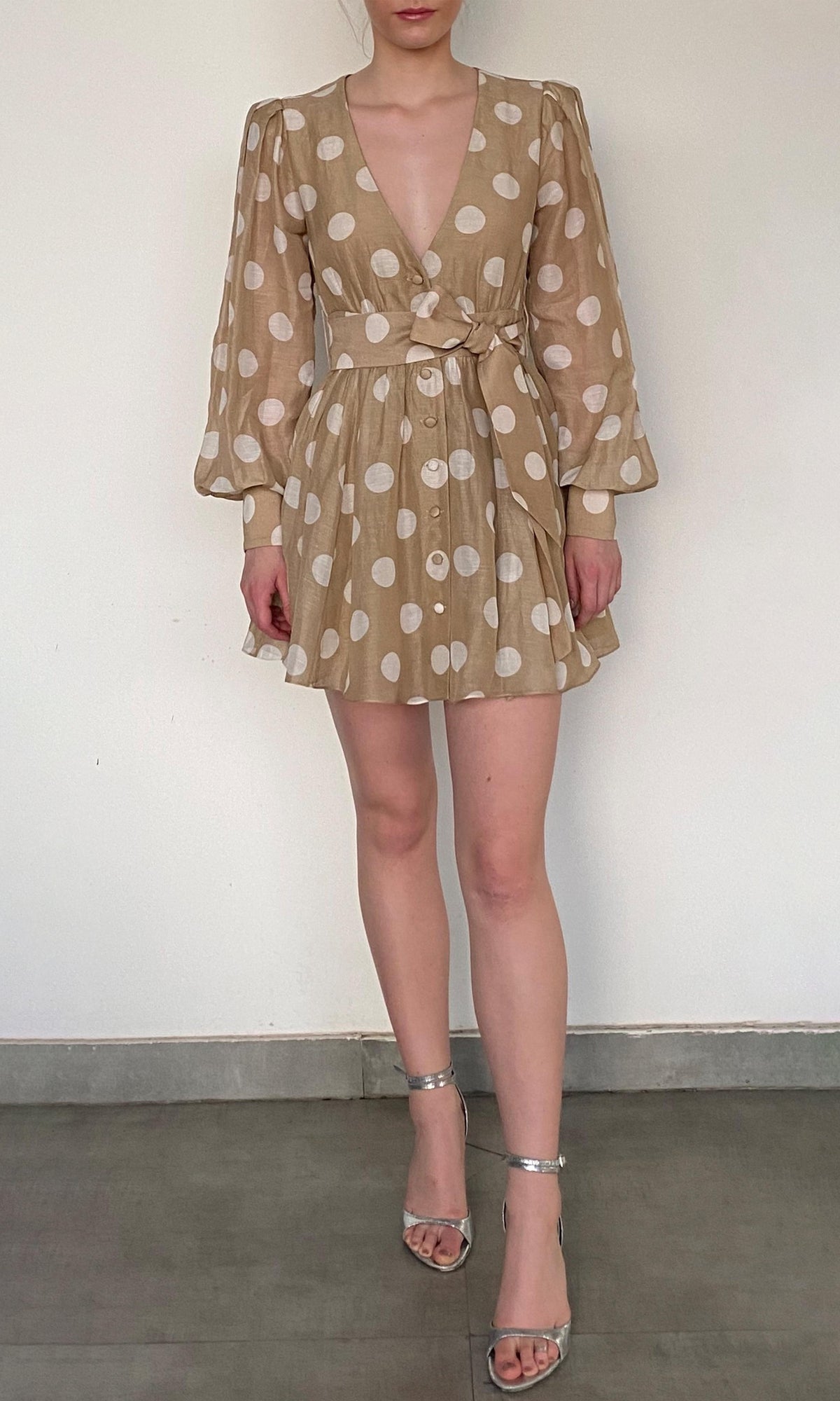 Womens | Tira Viscose Linen Organza Short Dress With Tie Up Belt | Brown White