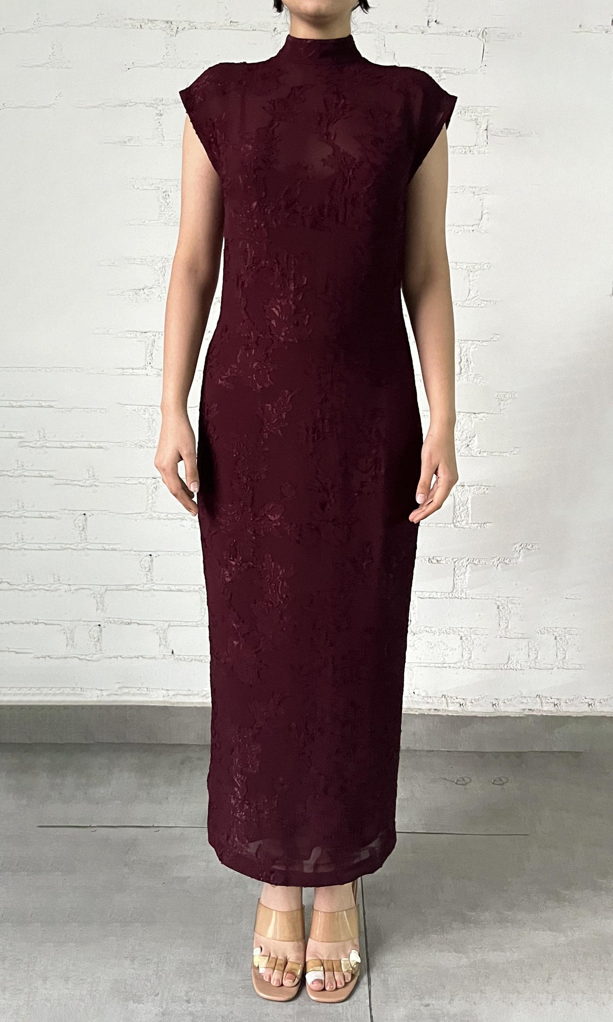 Womens | Tiya Viscose Ggt Jacquard Slim Fit Long Dress With Slip | Burgundy