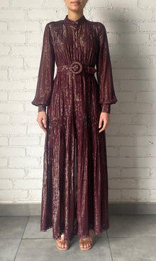 Hemant And Nandita | Tiya Viscose Georgette Gold Silver Stripe Lurex Long Dress With Buckle Belt | FA24 | Burgundy