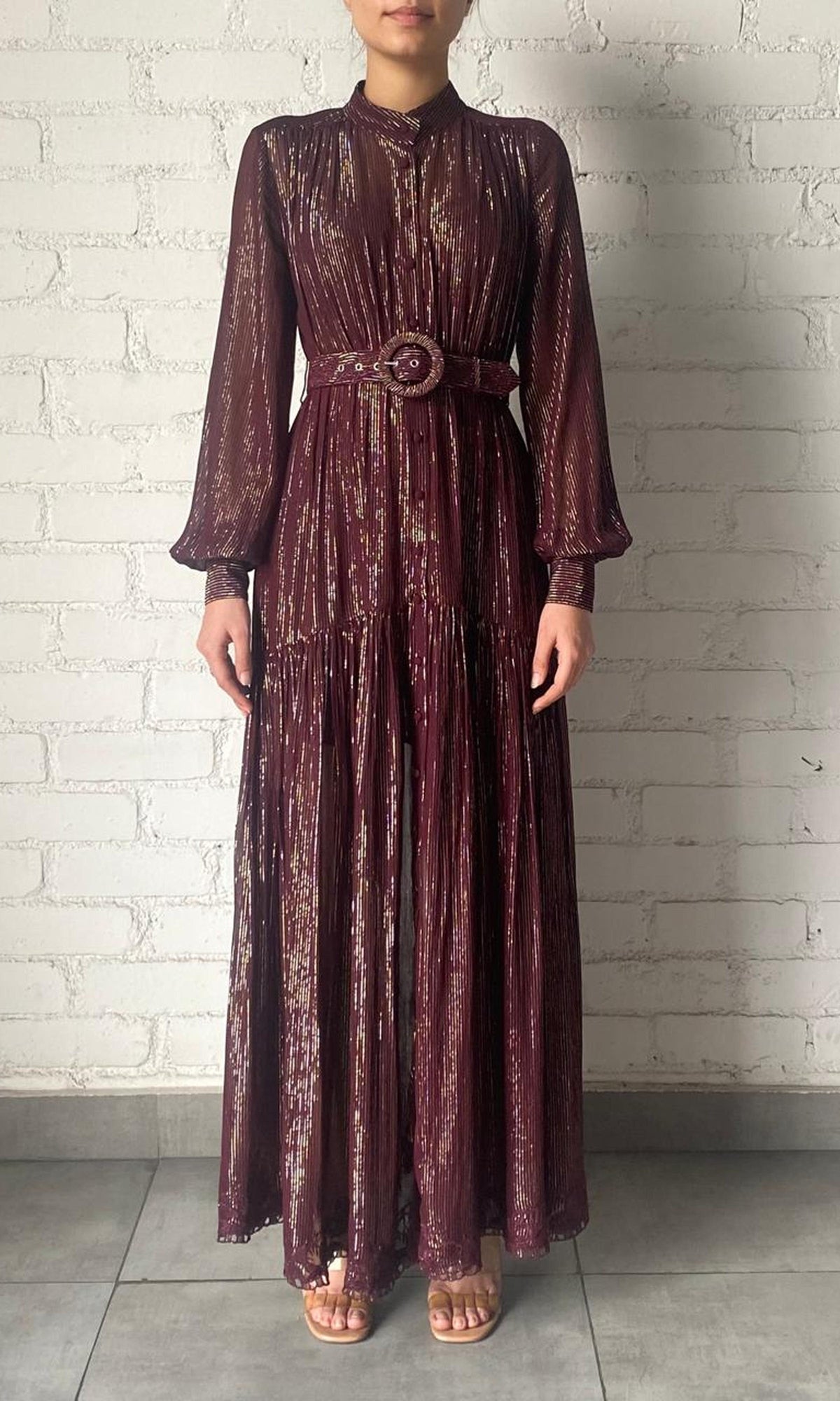 Hemant And Nandita | Tiya Viscose Georgette Gold Silver Stripe Lurex Long Dress With Buckle Belt | FA24 | Burgundy