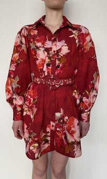 Hemant And Nandita | Tuhi Linen Cotton Short Dress With Buckle Belt | Burgundy Multi