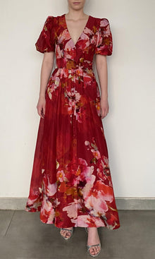 Hemant And Nandita | Tuhi Viscose Linen Organza Long Dress With Tie Up Belt | Burgundy Multi