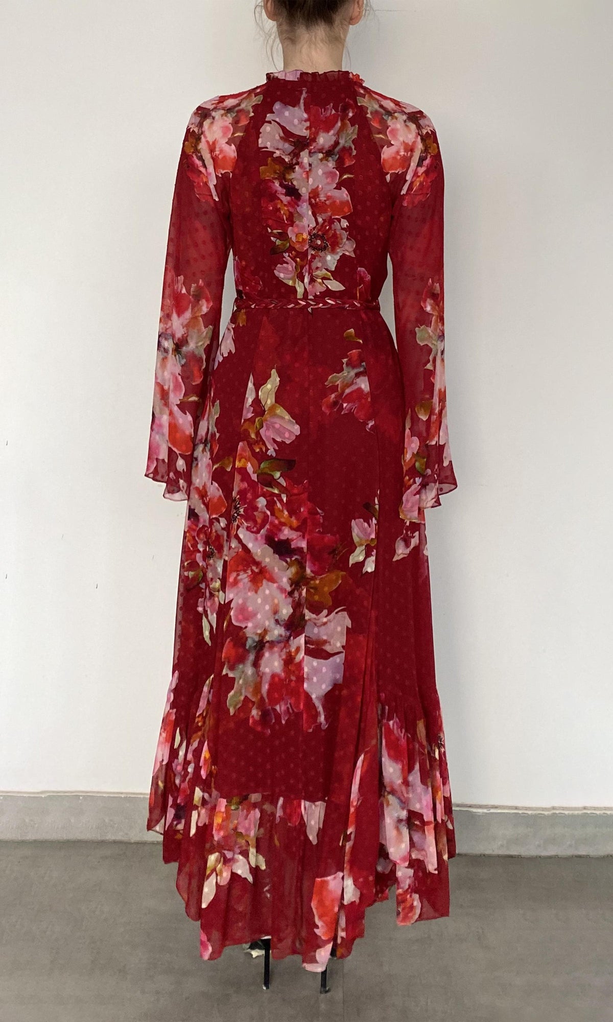 Womens | Tuhi Viscose Georgette Dobby Long Dress With Braided Belt | Burgundy Multi