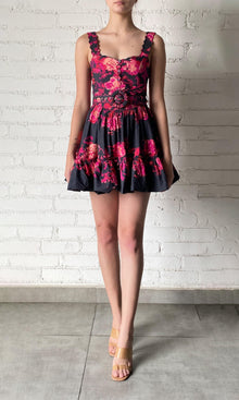 Hemant And Nandita | Zina Cotton Poplin Short Dress With Belt | Black Magenta