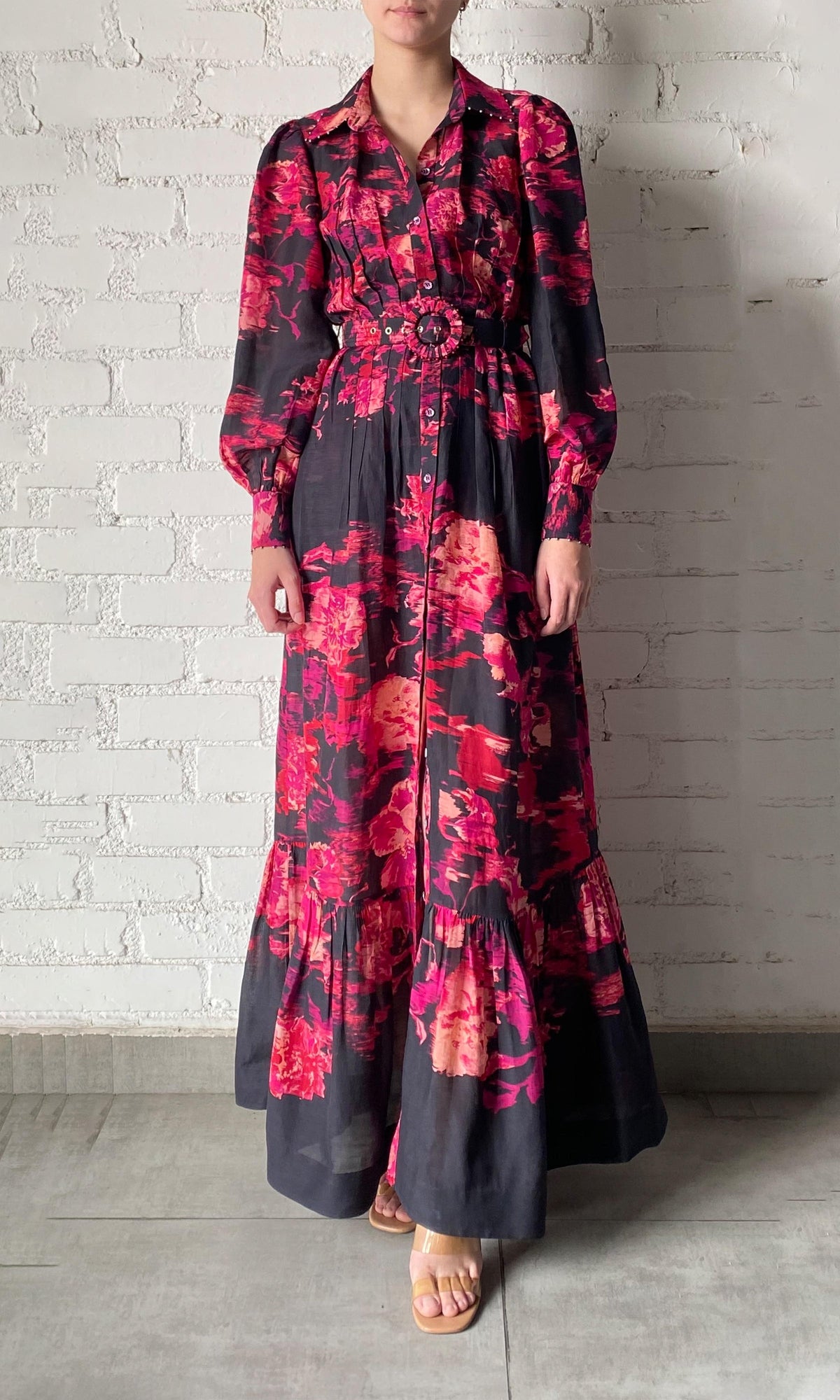 Hemant And Nandita | Zina Viscose Gorgette Jacquard Long Shirt Dress With Flower Print Button And Buckle Belt | Black Magenta