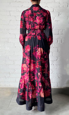 Hemant And Nandita | Zina Viscose Gorgette Jacquard Long Shirt Dress With Flower Print Button And Buckle Belt | Black Magenta