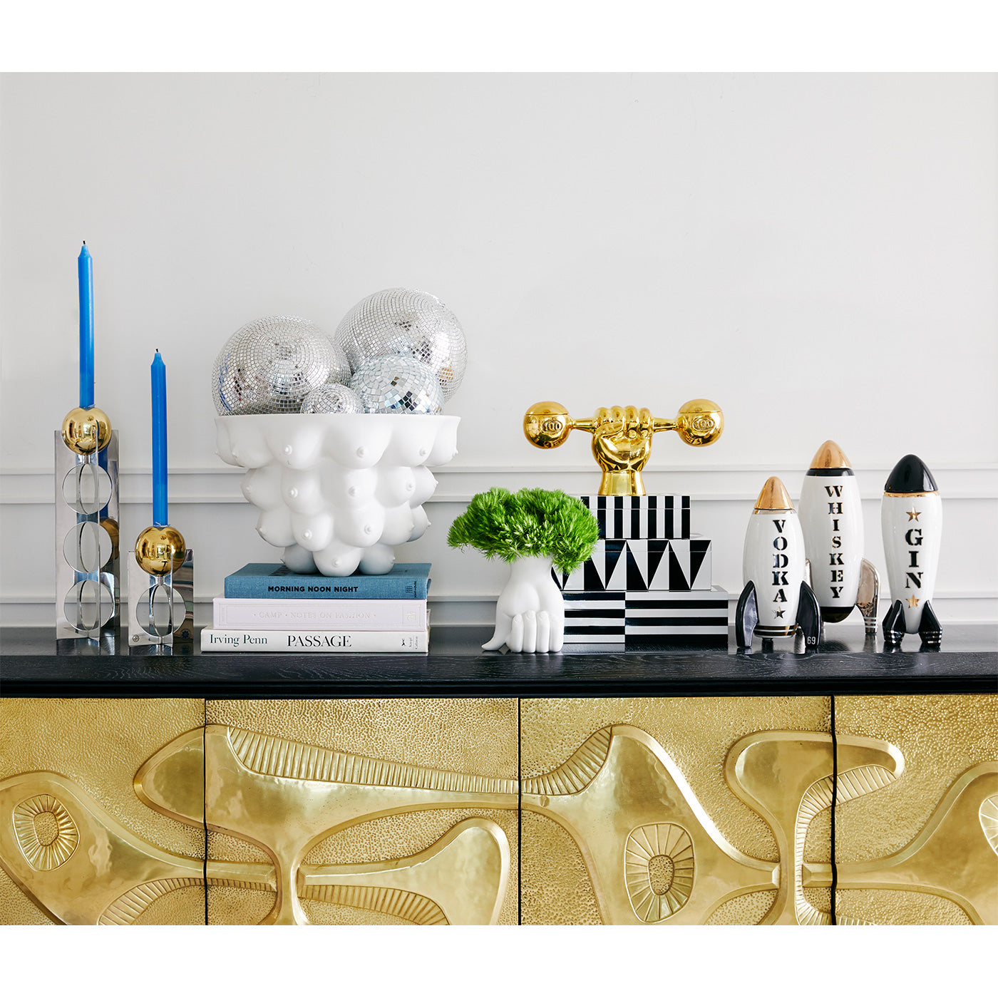 georgia centerpiece bowl rocket decanters op art boxes berlin candle holders vignette - styled view