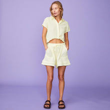 Full View of model wearing the Gauze Short Sleeve Shirt in Lemon