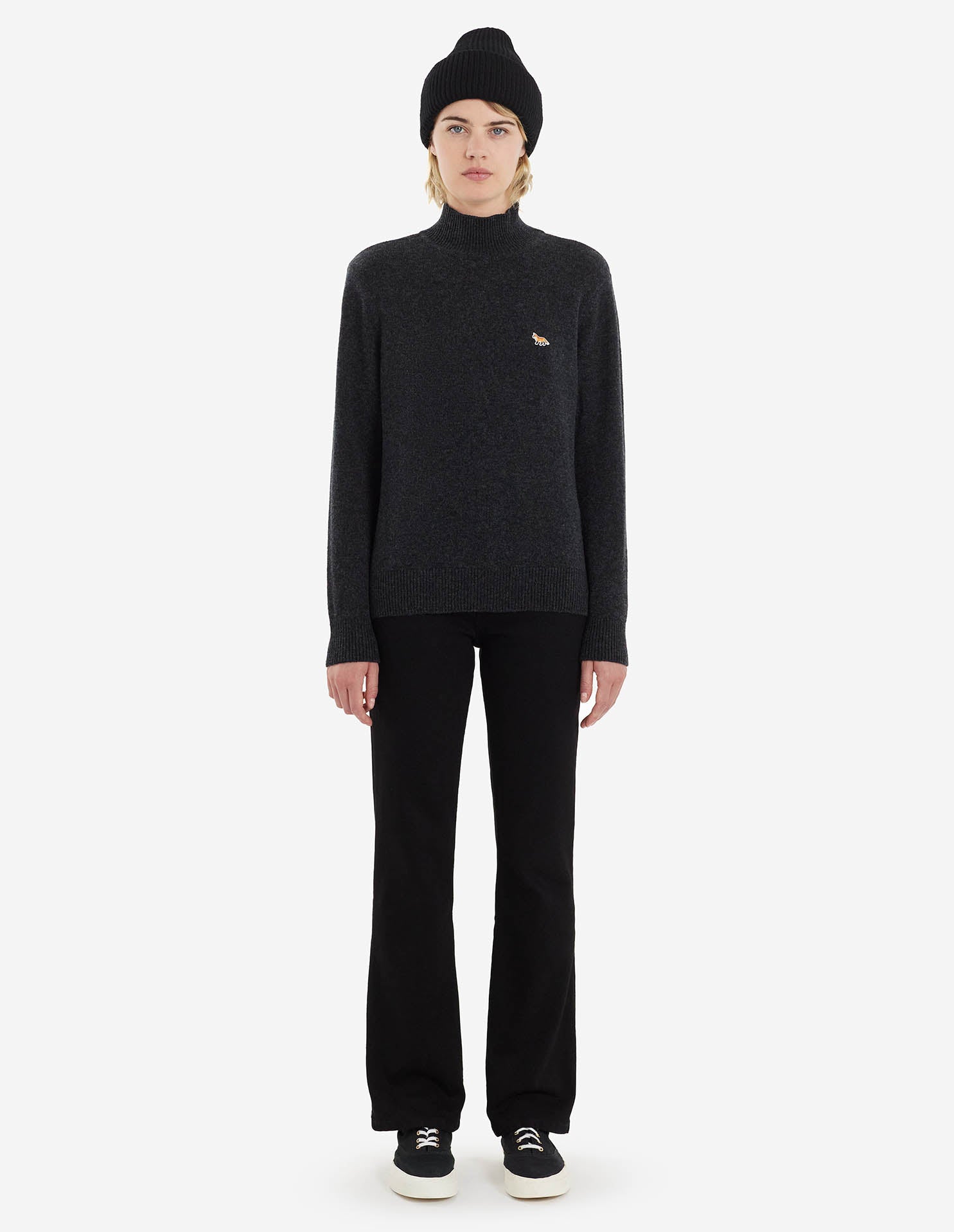 Womens | Baby Fox Patch Boxy Turtleneck Pullover | Dark Grey Melange