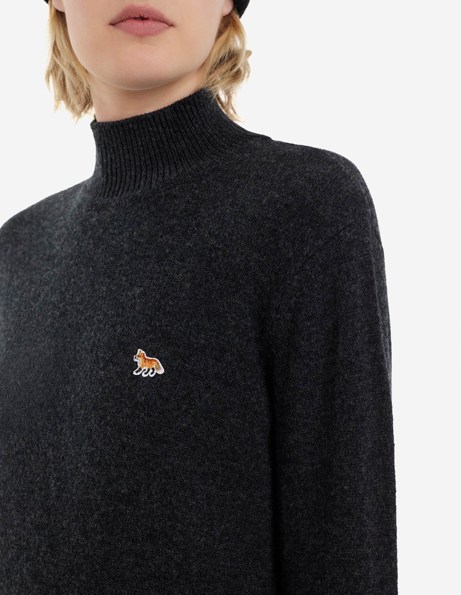 Womens | Baby Fox Patch Boxy Turtleneck Pullover | Dark Grey Melange