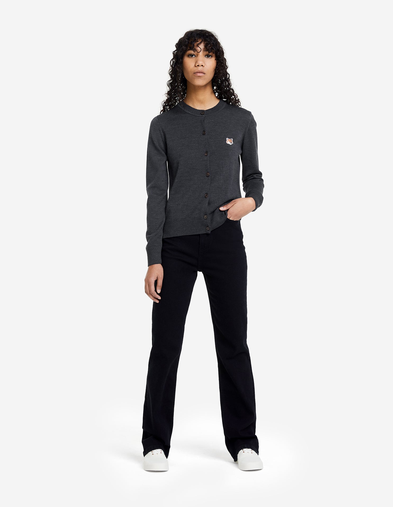 Womens | Fox Head Patch Adjusted R-Neck Cardigan | Anthracite Melange