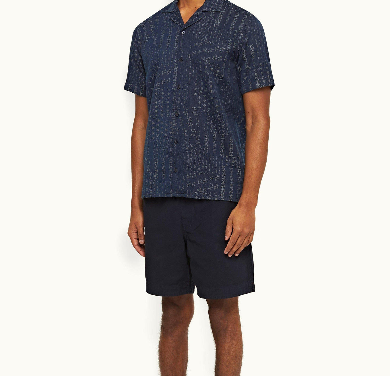 Hibbert Solo Pastiche Capri Collar Jacquard Denim Shirt | Indigo