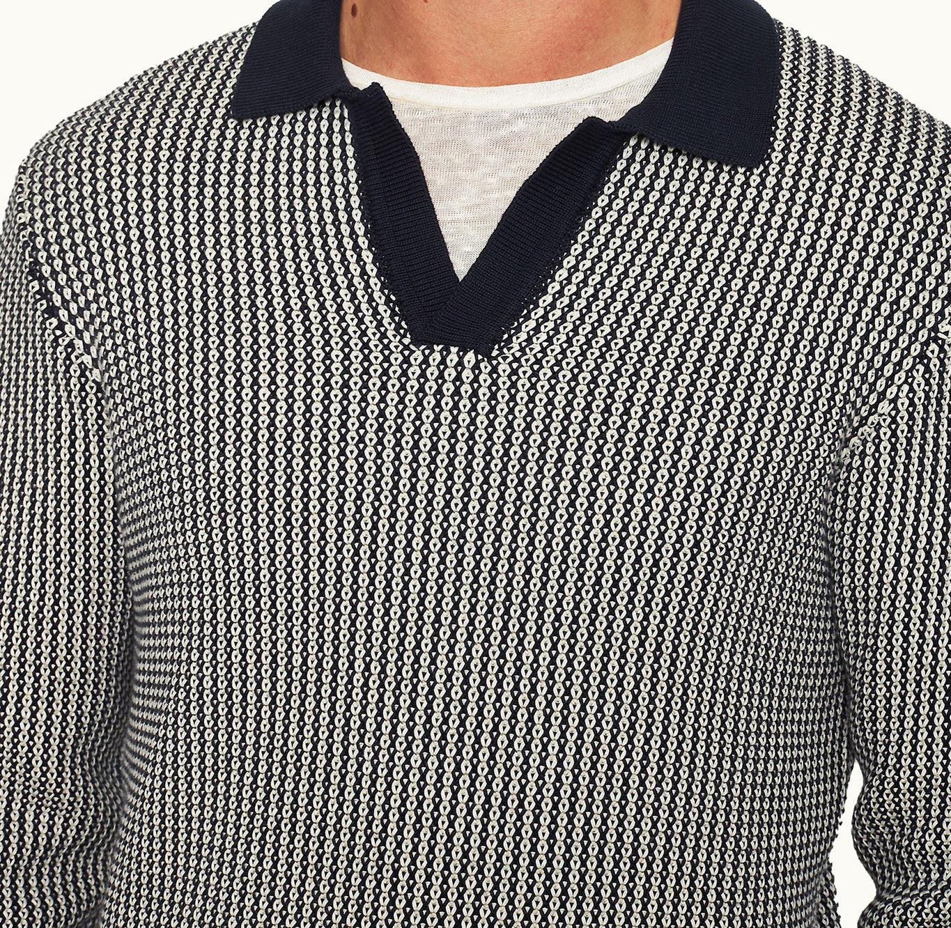 Horton Tailored Fit Long-Sleeve Dual-Tone Knit Polo Shirt | Night Iris/White Sand