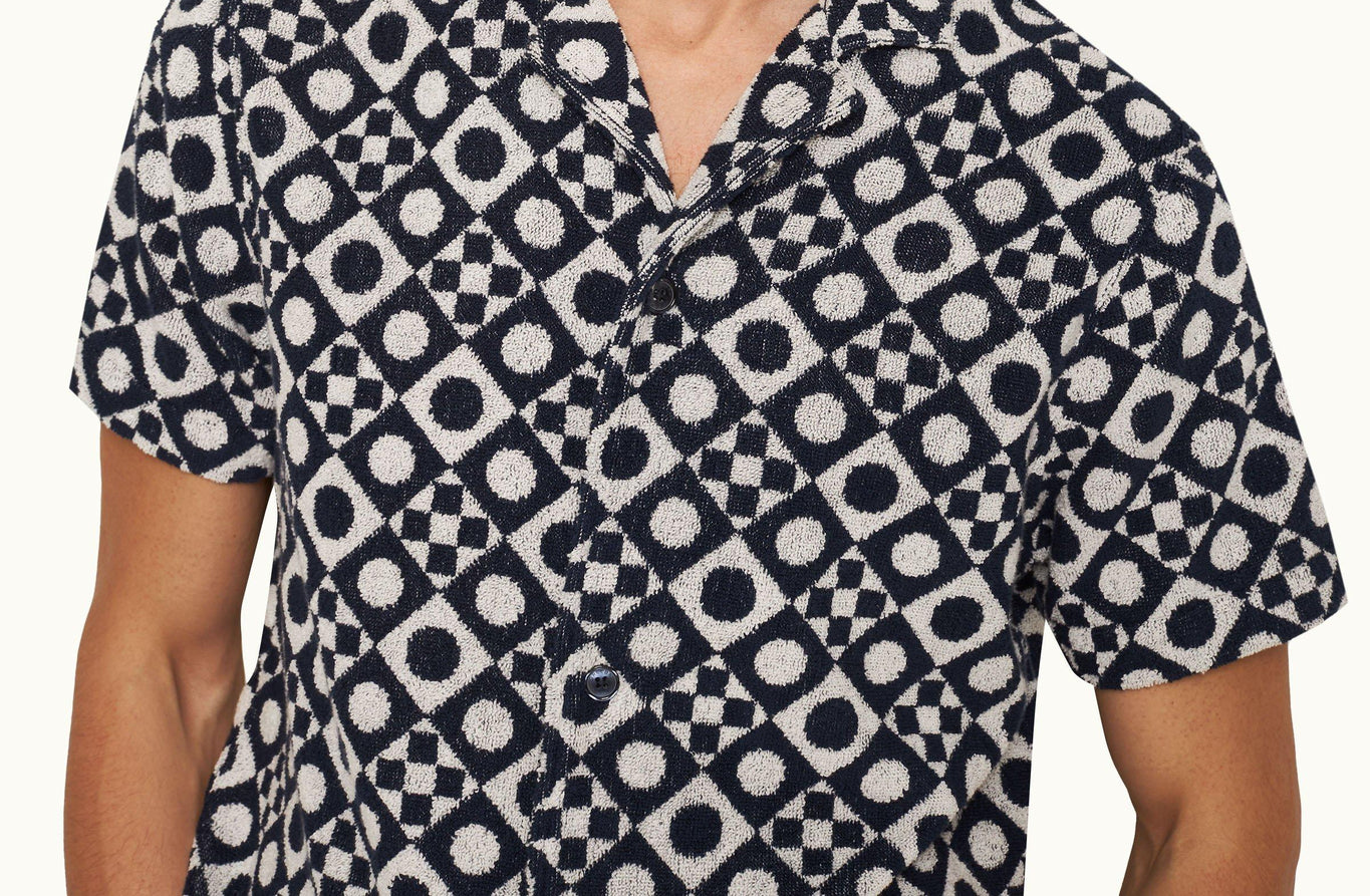 Howell Towelling Domi Jacquard Capri Collar Cotton Towelling Shirt | Night Iris/White Sand