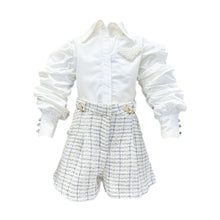 Iris Blouse and Tweed Shorts Set | White/ Blue