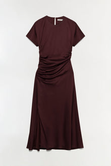 Burgundy satin midi dress with short sleeves, round neckline, and ruched side detailing at the waist.