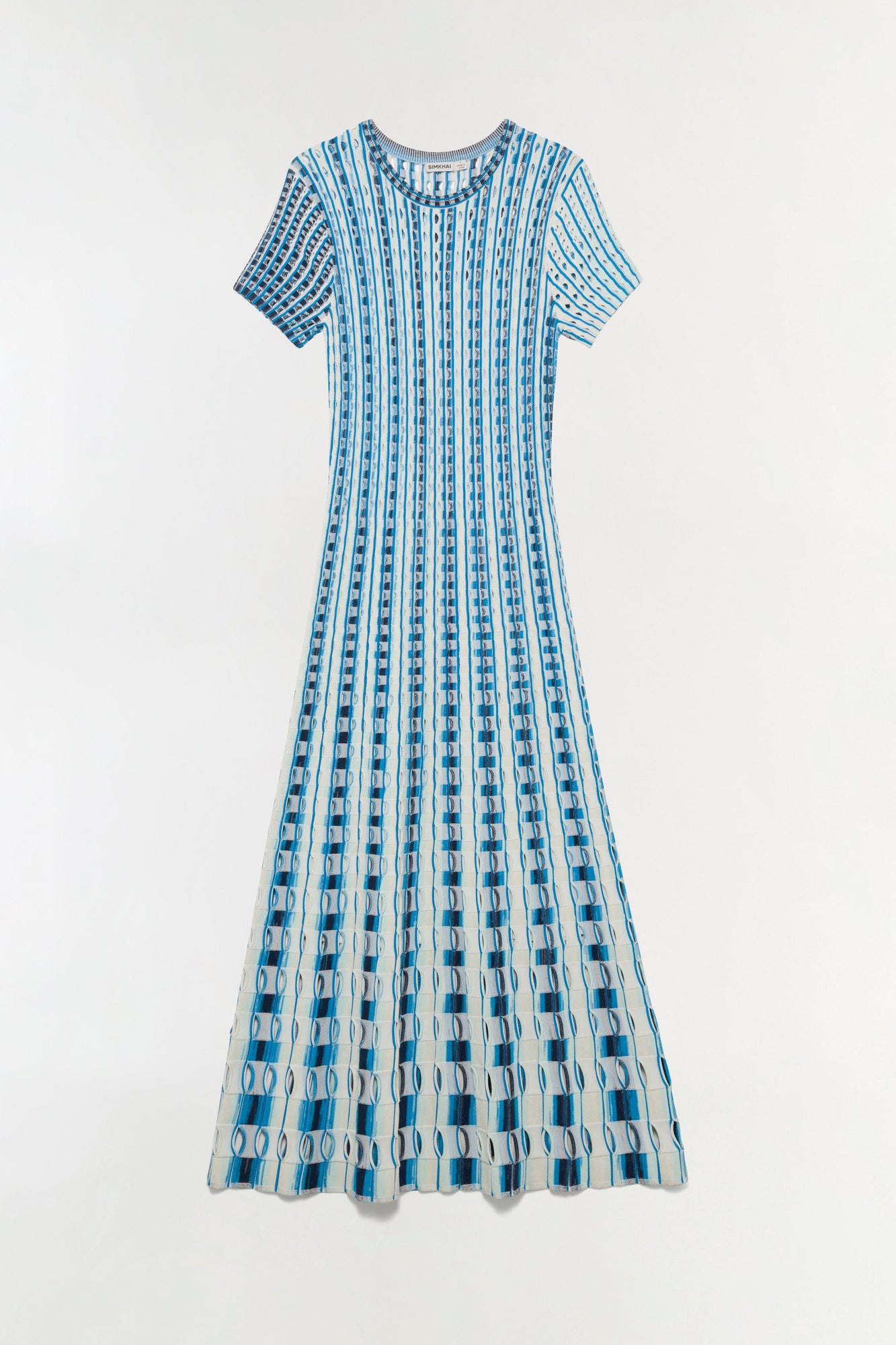 Blue and white knit midi dress with eyelet pattern and short sleeves on neutral background.