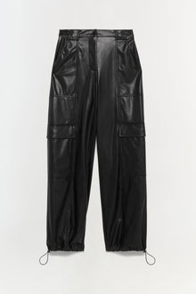 Black leather cargo pants with multiple pockets, drawstring hem, and relaxed wide-leg silhouette.