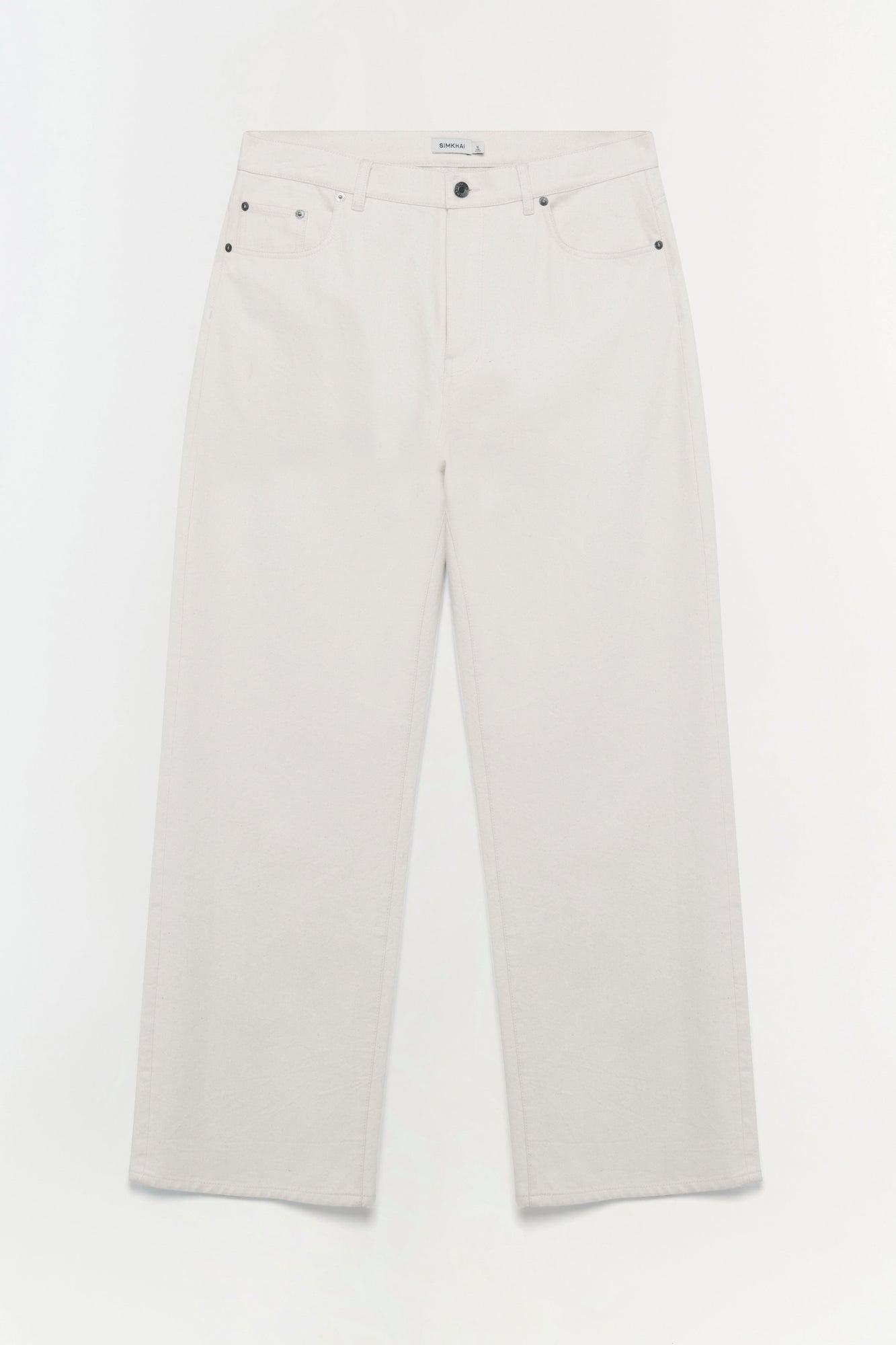 White wide-leg jean with five-pocket styling and metal button closure.