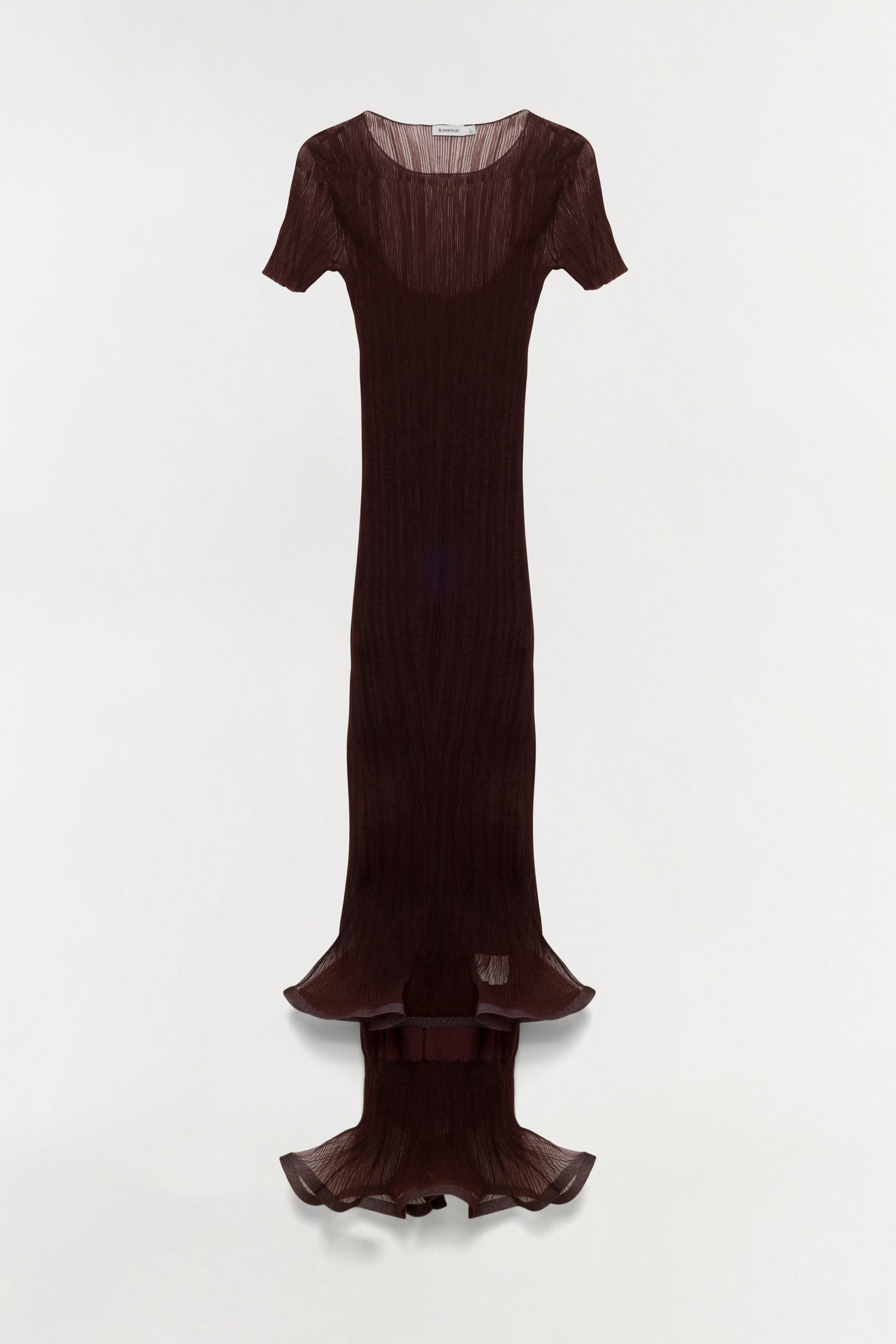 Brown plisse midi dress with short sleeves, crew neckline, and flared hem, displayed on a flat lay.