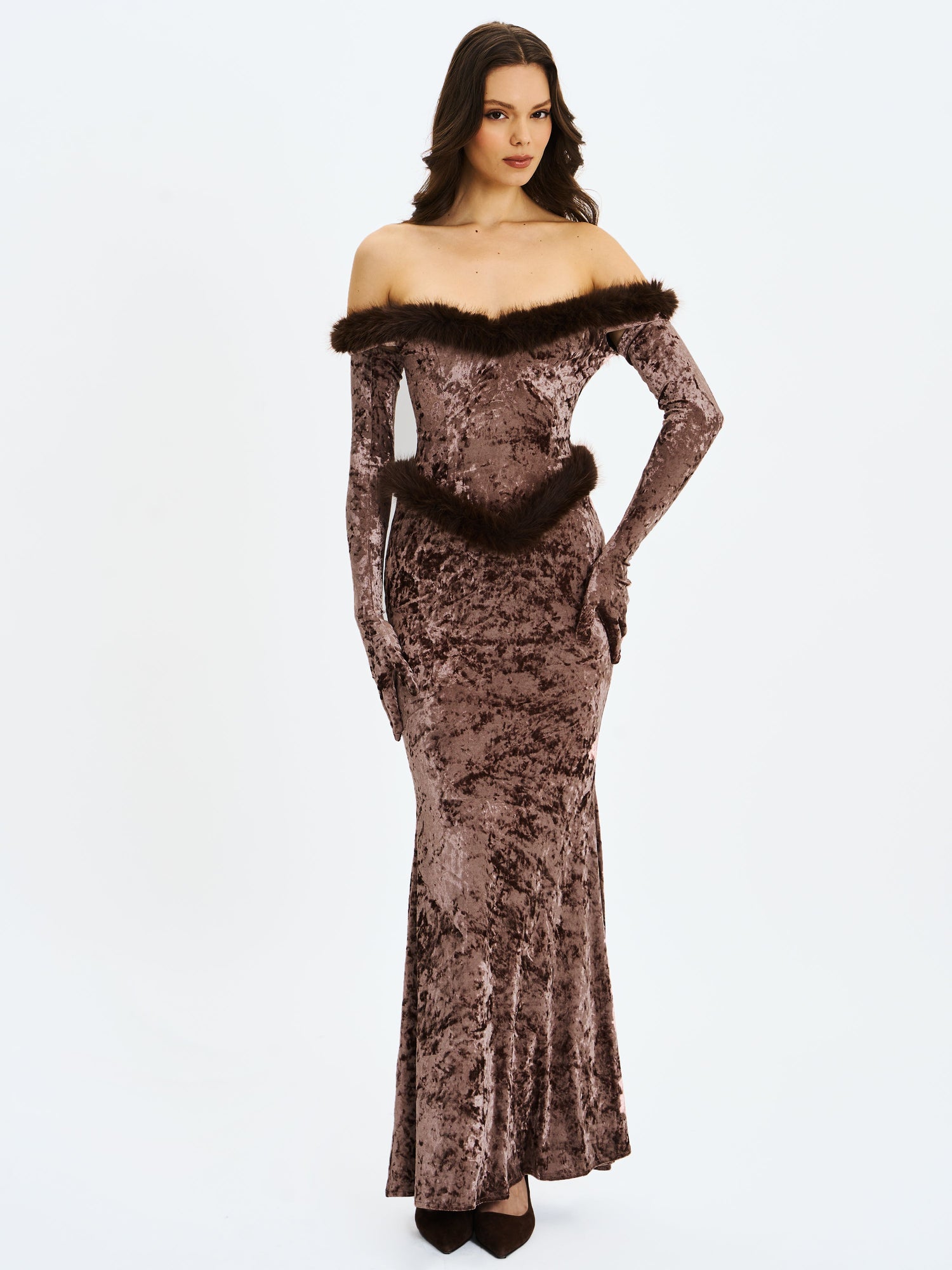 Tessa Sweetheart Bardot Faux Fur Velvet Mermaid Maxi Dress | Coffee