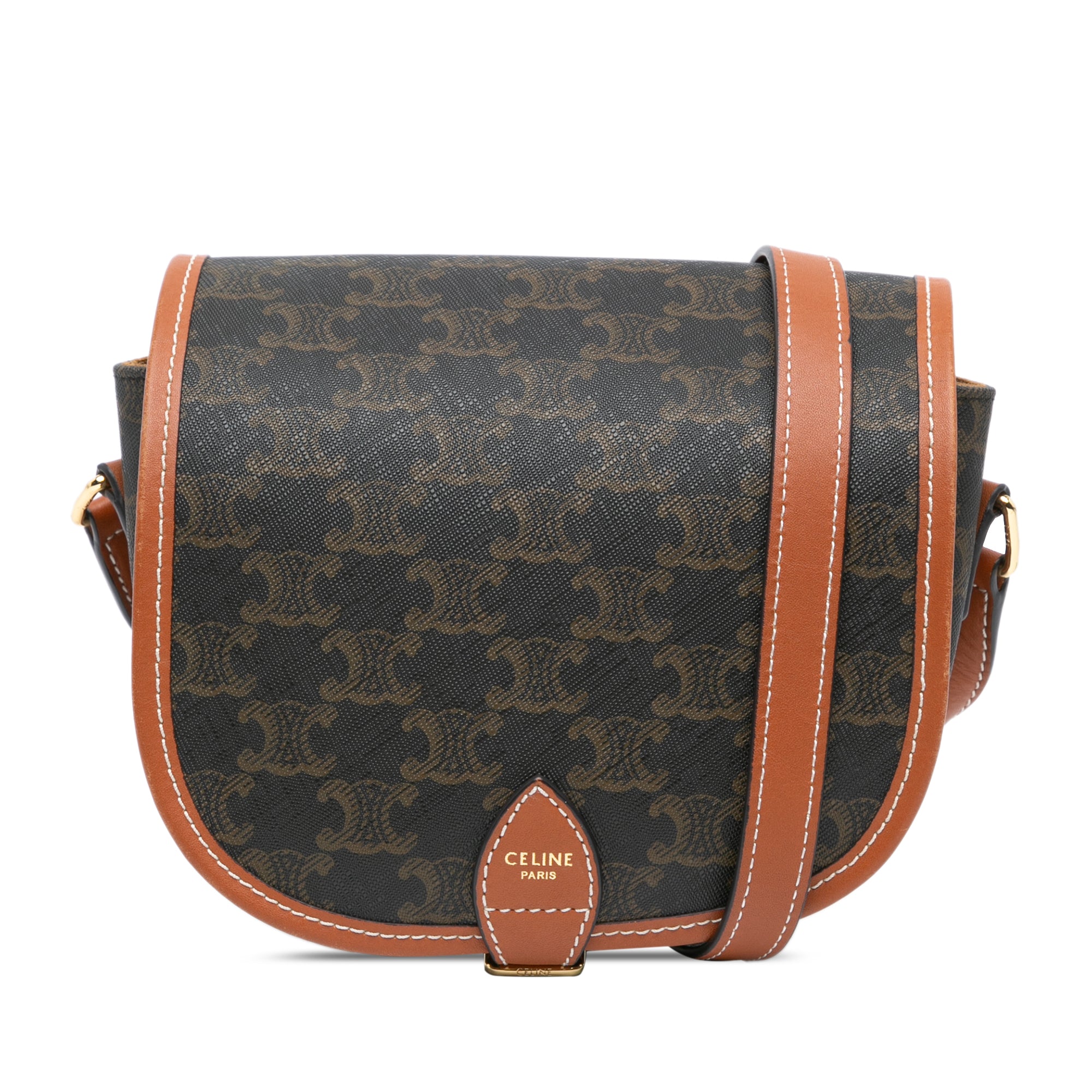 Celine | Pre-Owned Medium Triomphe Coated Canvas Folco Crossbody - III | Brown/Dark Brown