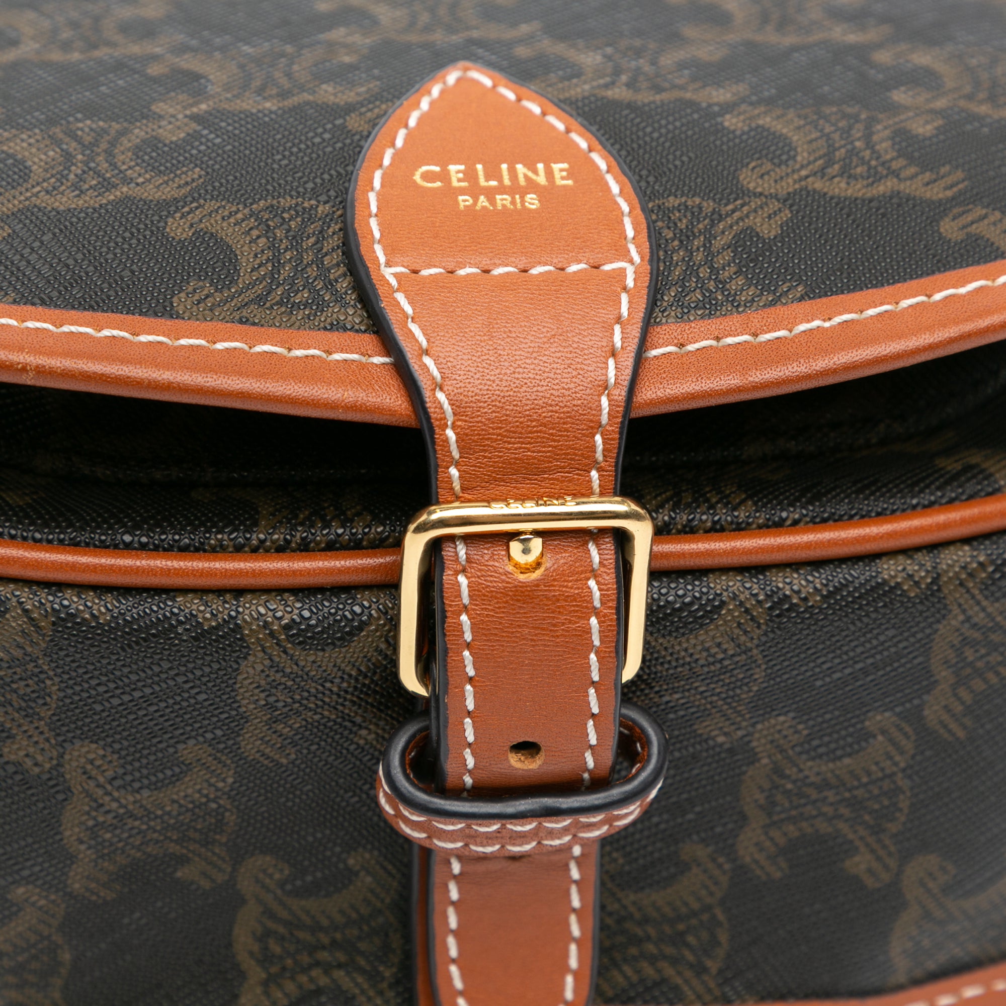 Celine | Pre-Owned Medium Triomphe Coated Canvas Folco Crossbody - III | Brown/Dark Brown