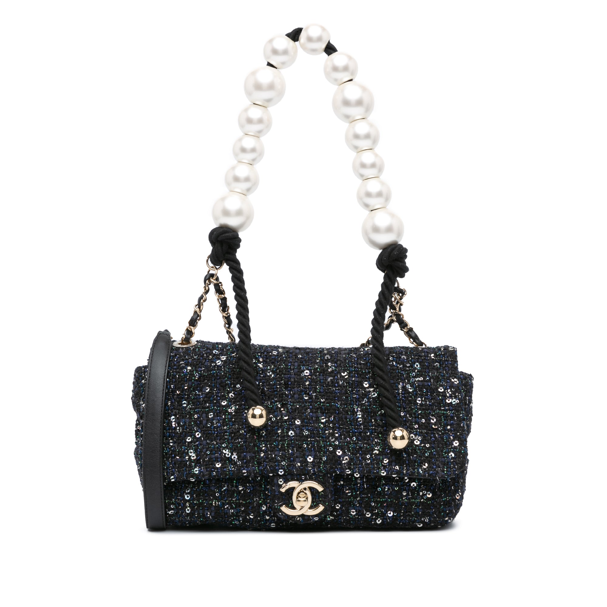 Chanel | Pre-Owned Medium Tweed Pearl Handle Flap | Blue/NavyBlack