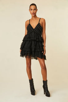 mini Dress features a ruched body adorned with crystal embellishments and a flirty multi-tiered tulle skirt.