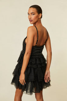 mini Dress features a ruched body adorned with crystal embellishments and a flirty multi-tiered tulle skirt.