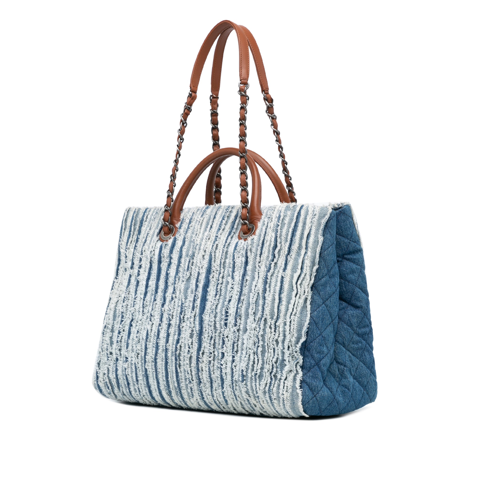 Chanel | Pre-Owned Large Fringed Denim Shopping Tote | Blue/BrownBrownBrownBrownBrown