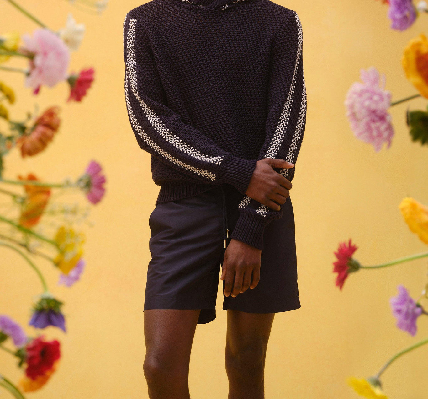 Kirk Relaxed Fit Hooded Crochet Knit Jumper | Night Iris/White Sand