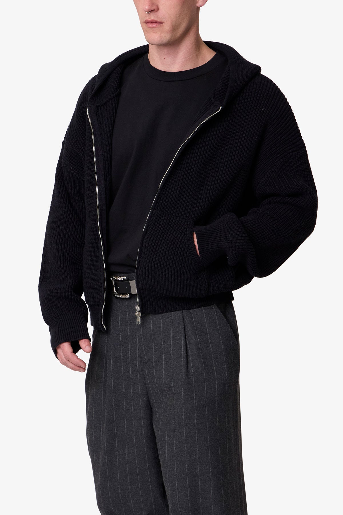Knit Zip Up Hoodie | Black
