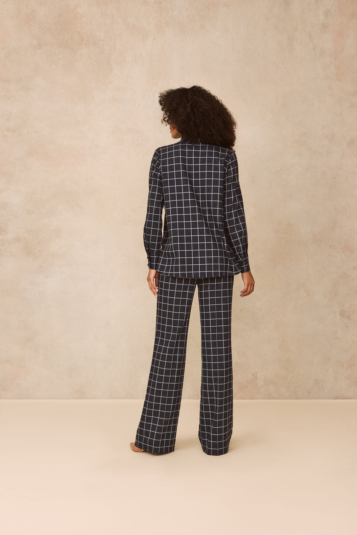 Oversized Check Tie Neck Top | Navy