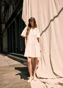 Stretch Denim Flounce Dress | Cream