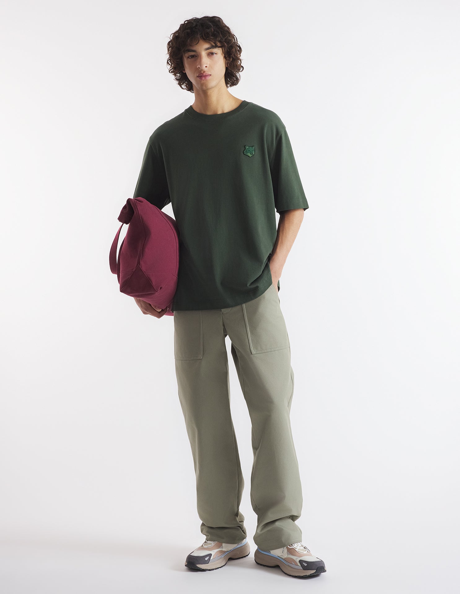 Mens | Bold Fox Head Patch Oversize Short-Sleeve Cotton Tee-Shirt | Ranger Green