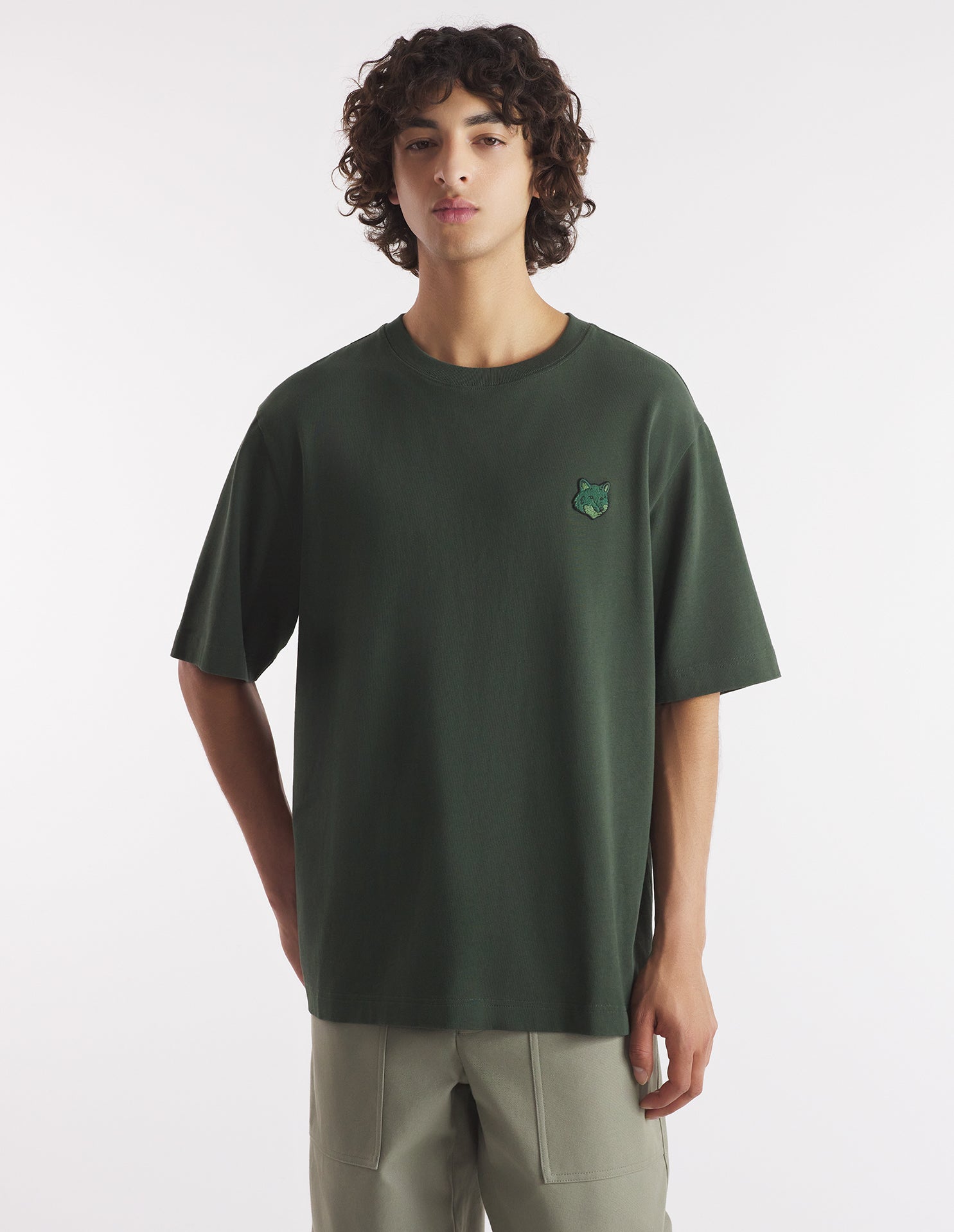 Mens | Bold Fox Head Patch Oversize Short-Sleeve Cotton Tee-Shirt | Ranger Green