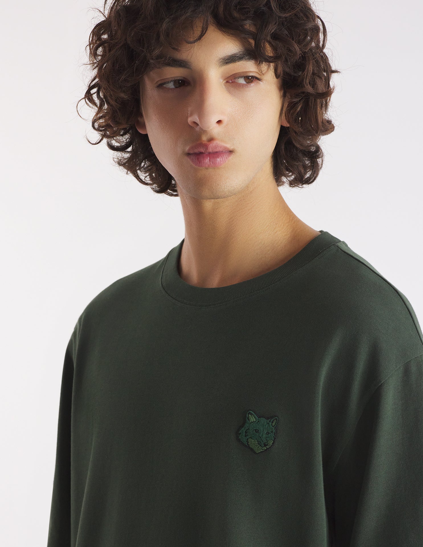 Mens | Bold Fox Head Patch Oversize Short-Sleeve Cotton Tee-Shirt | Ranger Green