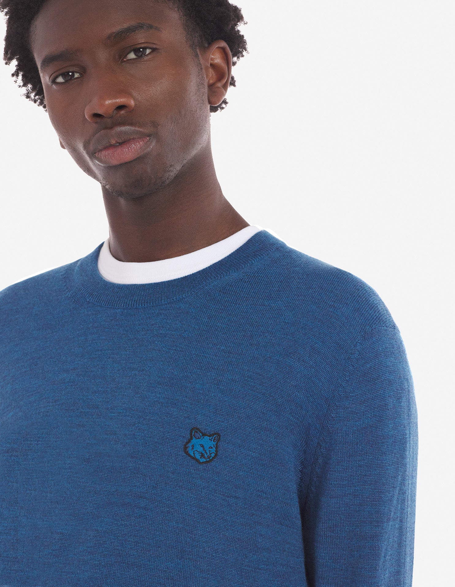 Mens | Bold Fox Head Patch Regular Merino Wool Jumper | Sapphire