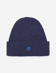 Mens | Bold Fox Head Patch Ribbed Wool Beanie | Ink Blue
