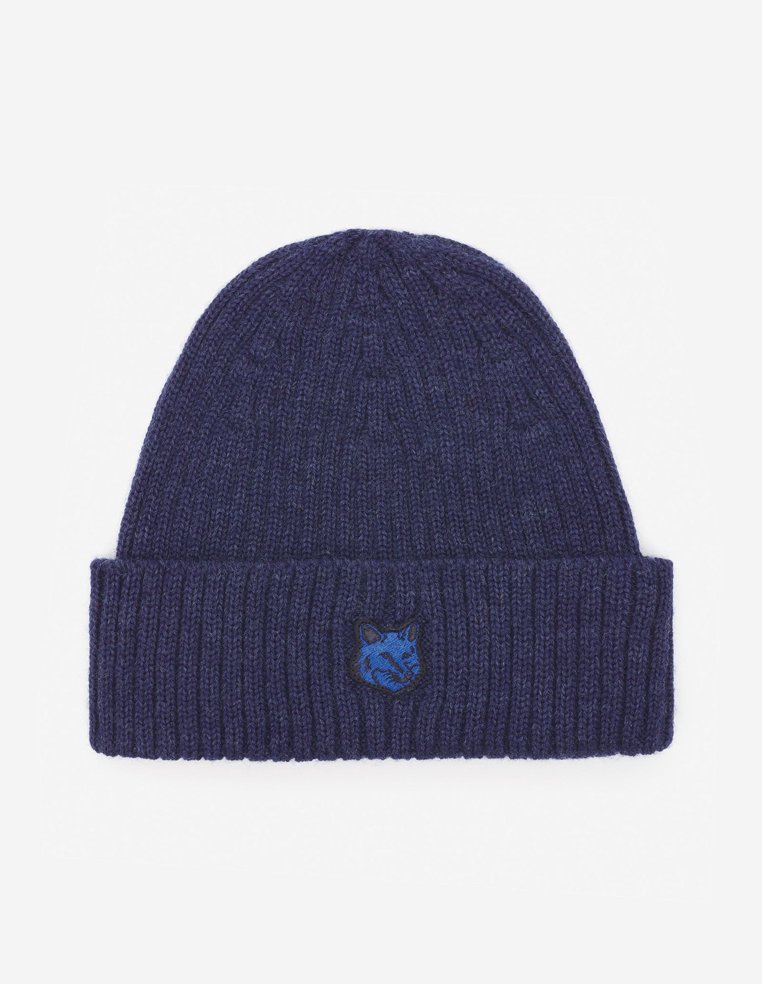Mens | Bold Fox Head Patch Ribbed Wool Beanie | Ink Blue