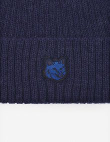 Mens | Bold Fox Head Patch Ribbed Wool Beanie | Ink Blue