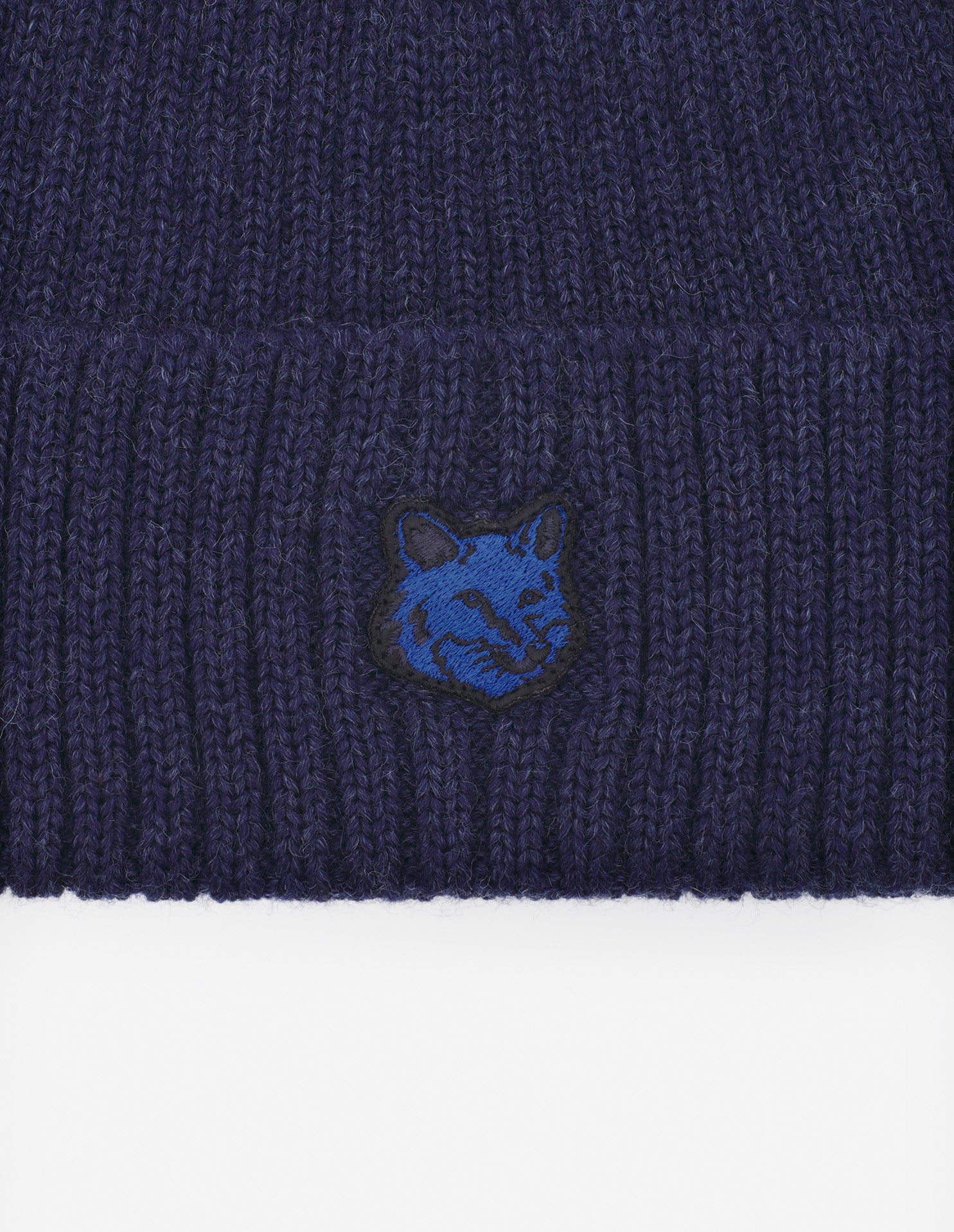 Mens | Bold Fox Head Patch Ribbed Wool Beanie | Ink Blue