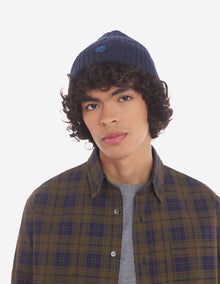 Mens | Bold Fox Head Patch Ribbed Wool Beanie | Ink Blue