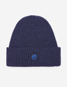 Mens | Bold Fox Head Patch Ribbed Wool Beanie | Ink Blue
